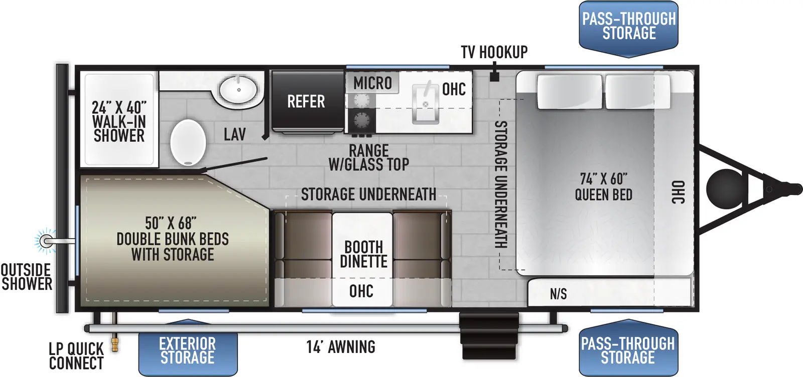 The 170BHSLE has no slide outs and 1 entry door. Exterior features a rear outside shower, LP quick connect, 14 foot awning and front pass-through storage. Interior layout front to back includes: side-facing queen bed with door side nightstand, overhead cabinet, storage underneath and off-door side TV hookup; door-side entry, booth dinette with overhead cabinet and storage underneath; off-door side kitchen counter with sink, range with glass top, overhead cabinet, microwave, and refrigerator; rear door side double bunk beds with storage; rear off-door side full bathroom with walk-in shower.